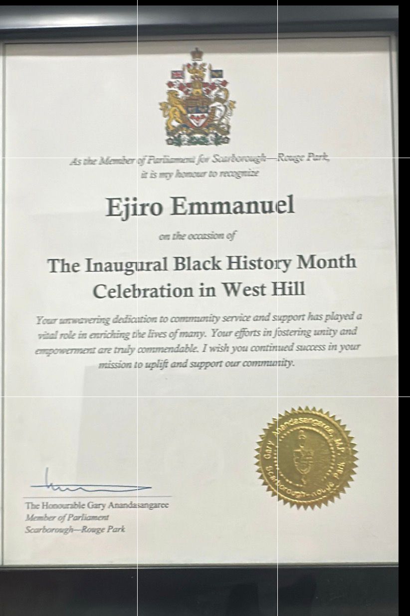 Official recognition certificate from Member of Parliament for Scarborough—Rouge Park, awarded to Ejiro Emmanuel for community contribution during Black History Month